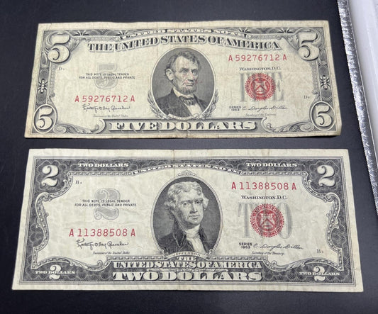 2 Note United States Legal Tender Red Seal Set 1963 $2 & $5 Bills VG Circ #508