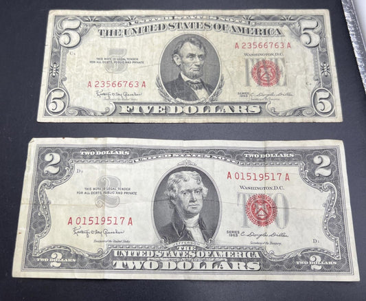2 Note United States Legal Tender Red Seal Set 1963 $2 & $5 Bills VG Circ #517