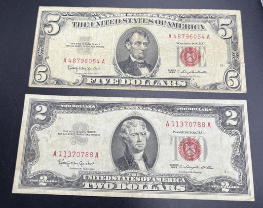 2 Note United States Legal Tender Red Seal Set 1963 $2 & $5 Bills VG+ Circ #788