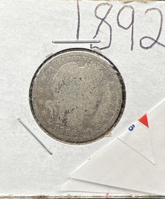 1892 25c Barber Silver Quarter Coin AG About Good First Year of Issue SKU#92A