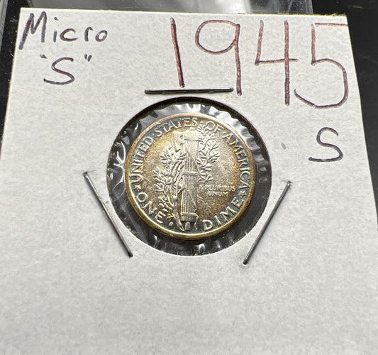 1945 S 10c Mercury Silver Dime Coin Micro S Variety AU Toner
