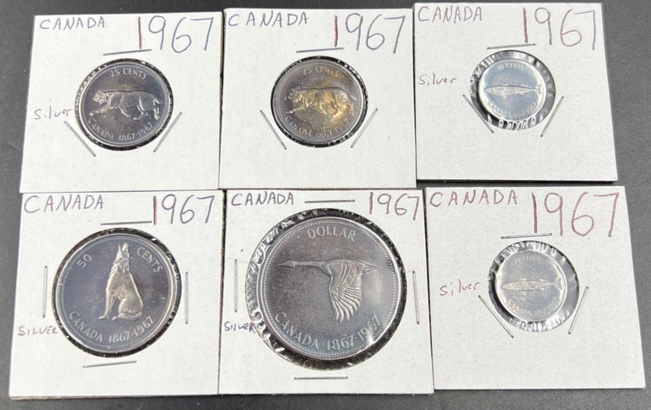 Lot of 6 1967 Canada Silver Coins Nice Toning $1 50c, 2 25c & 2 10c Coins #A