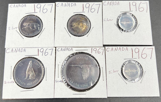 Lot of 6 1967 Canada Silver Coins Nice Toning $1 50c, 2 25c & 2 10c Coins #A