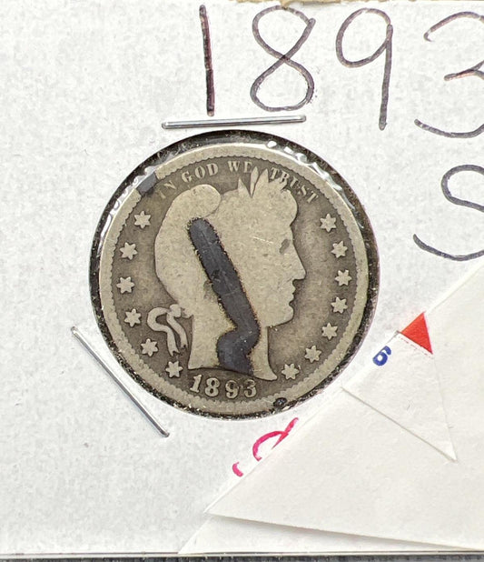 1893 S 25c Barber Silver Quarter Coin AG Details Stain Semi Key Date