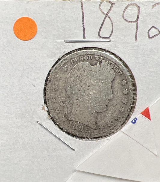 1892 25c Barber Silver Quarter Coin AG About Good Circ SKU#OG