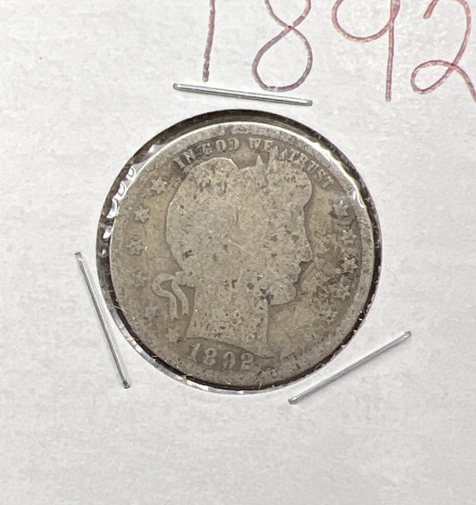 1892 P 25c Barber Silver Quarter Coin Very Circulated SKU#M