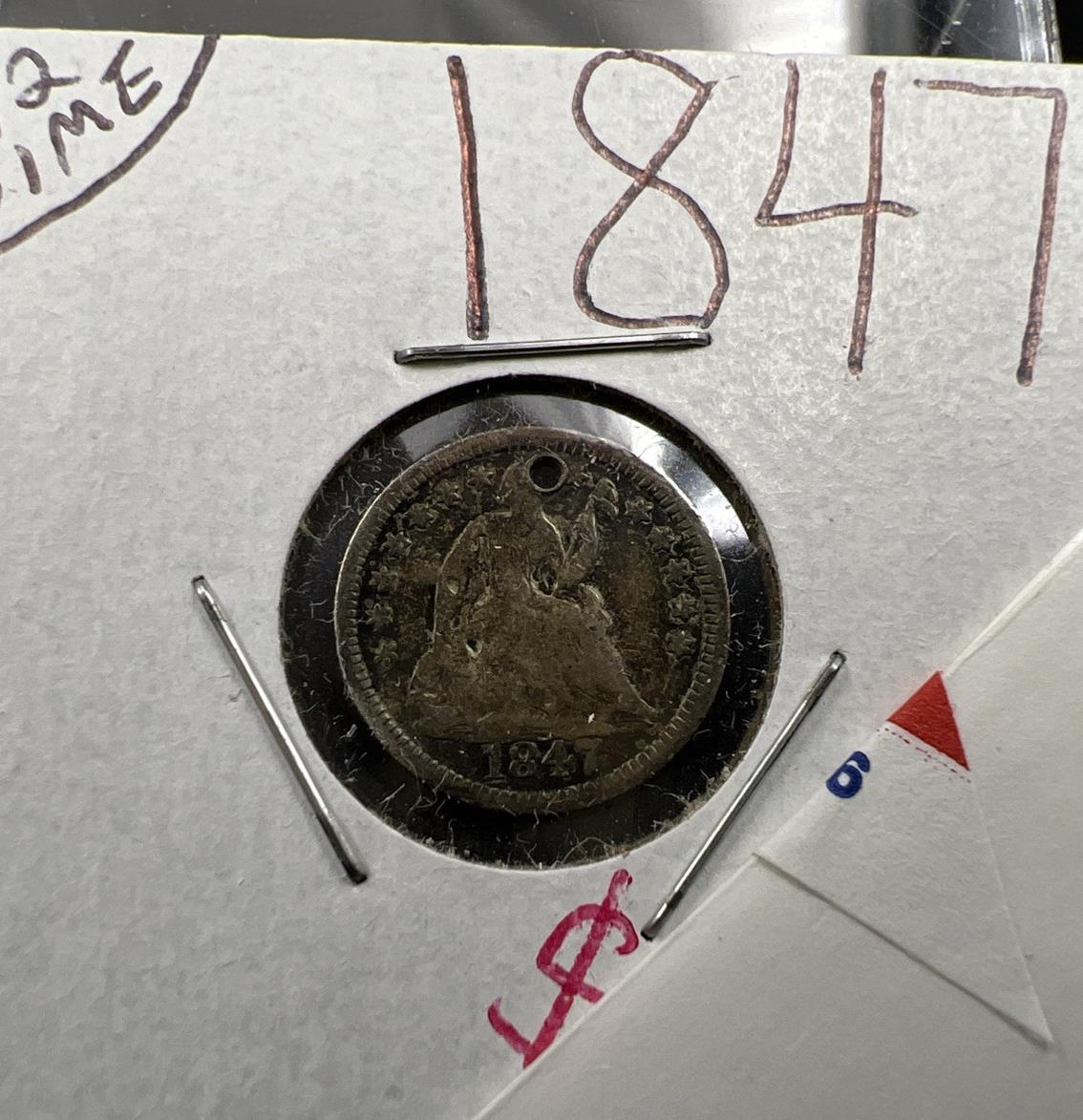 1847 5c Liberty Seated Half Dime Coin VG / F Details Damaged Holed Bent ED
