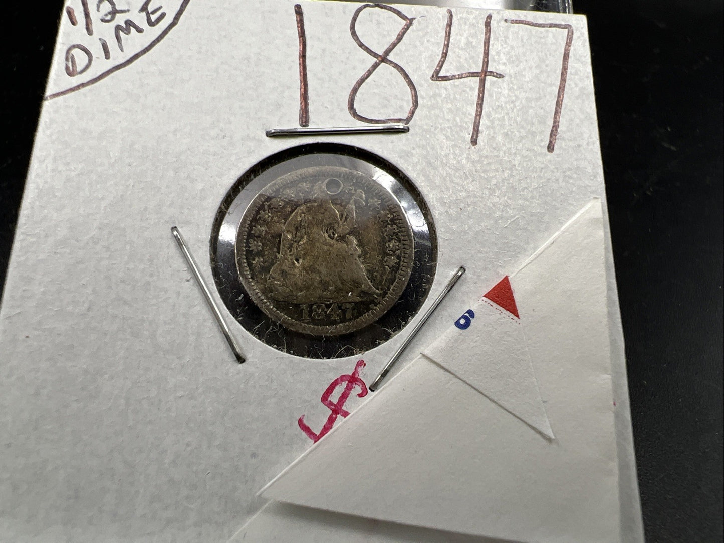 1847 5c Liberty Seated Half Dime Coin VG / F Details Damaged Holed Bent ED