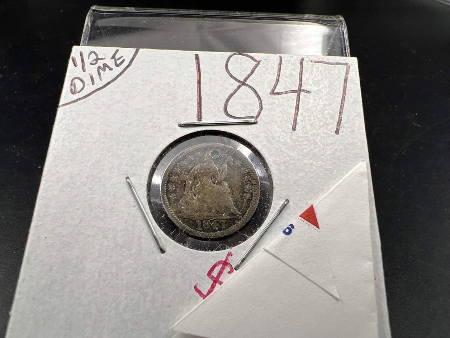 1847 5c Liberty Seated Half Dime Coin VG / F Details Damaged Holed Bent ED