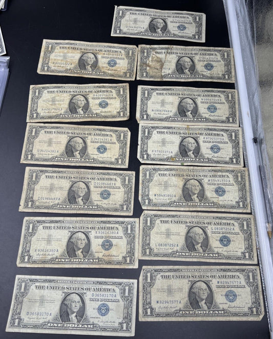 Lot of 13 $1 One Dollar 1957 Blue Seal Silver Certificate Notes Very Circ #170