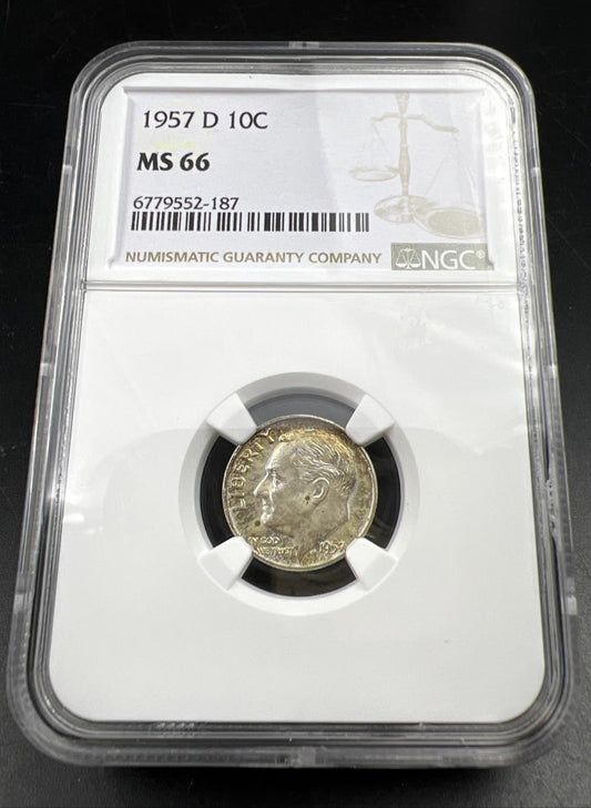 1957 D 10c Roosevelt Silver Dime Coin MS66 NGC Gem BU Certified #187 Neat Toning