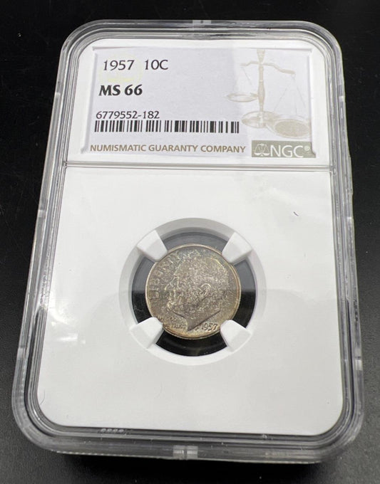 1957 P 10c Roosevelt Silver Dime Coin MS66 NGC Gem BU Certified #182 Nice Toning