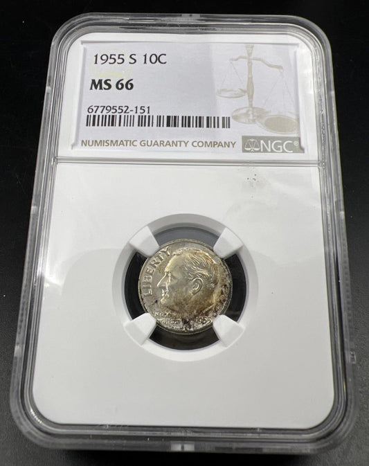 1955 S 10c Roosevelt Silver Dime Coin MS66 NGC Gem BU Certified #151 Nice Toning