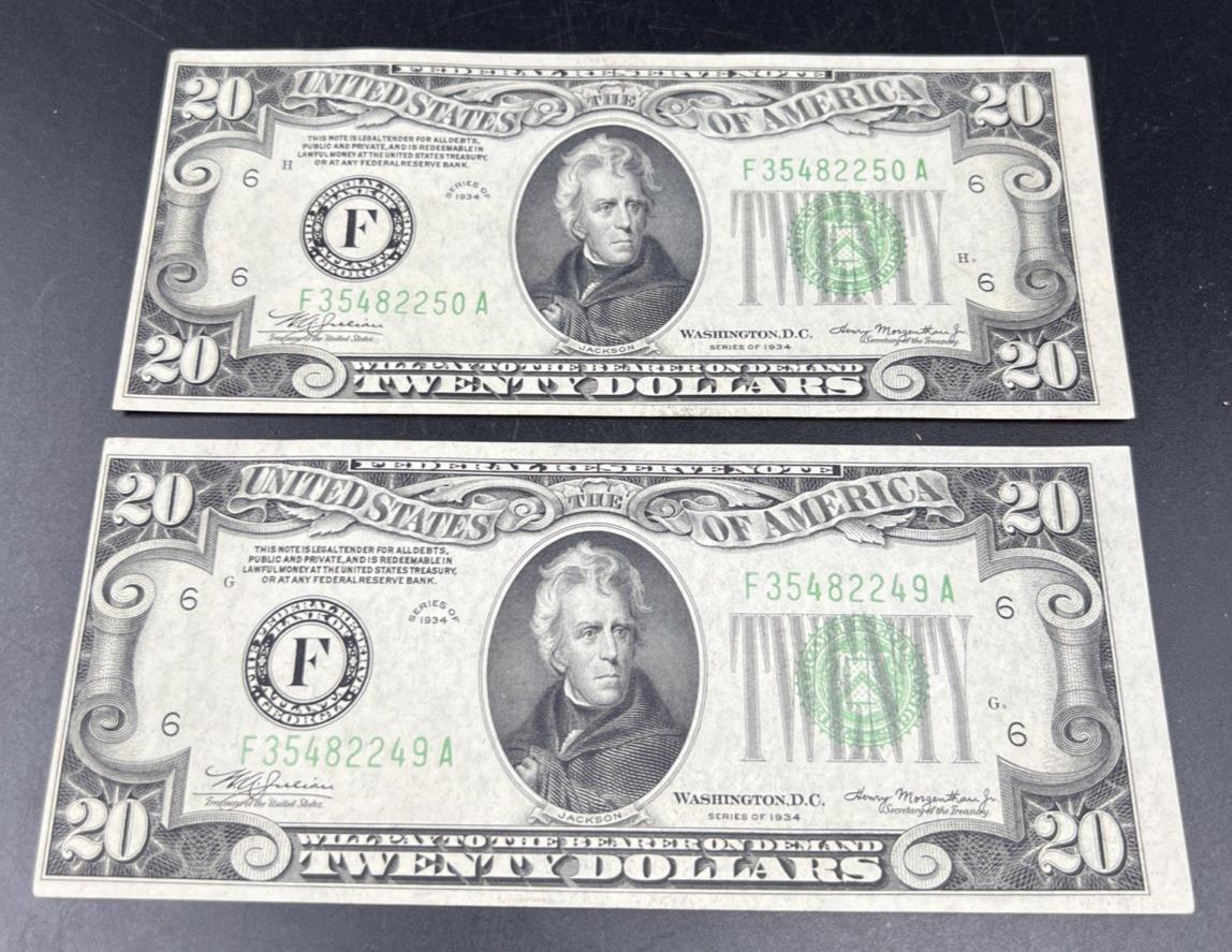 2 Consecutive Note Lot 1934 $20 FRN Federal Reserve Notes Atlanta CH AU / CU