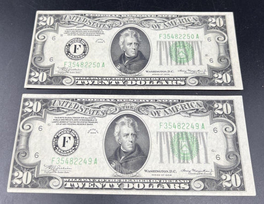 2 Consecutive Note Lot 1934 $20 FRN Federal Reserve Notes Atlanta CH AU / CU
