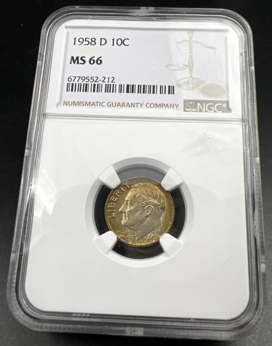1958 D 10c Roosevelt Silver Dime Coin MS66 NGC Gem BU Certified #212 Neat Toning