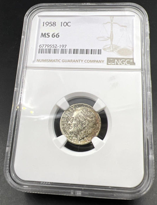 1958 P 10c Roosevelt Silver Dime Coin MS66 NGC Gem BU Certified #197 Neat Toning