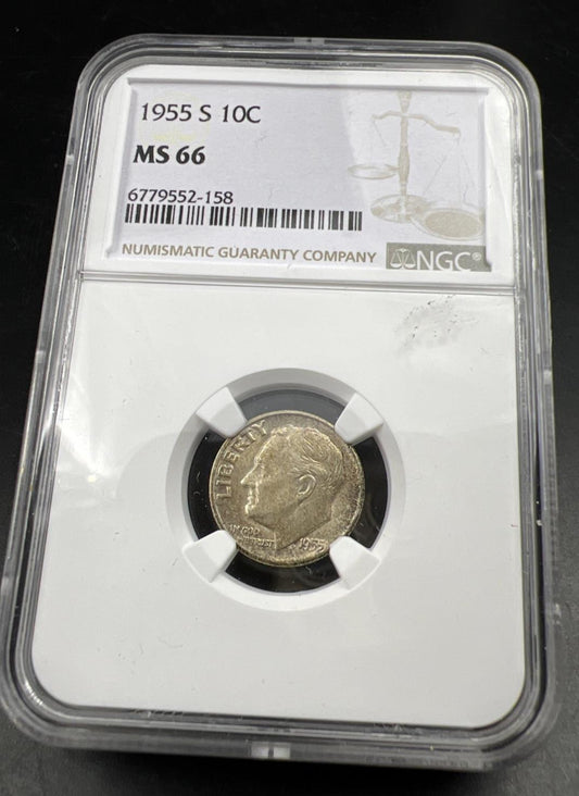 1955 S 10c Roosevelt Silver Dime Coin MS66 NGC Gem BU Certified #158 Neat Toning