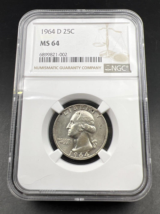 1964 D 25c Washington Silver Quarter Coin NGC MS64 Choice BU Certified
