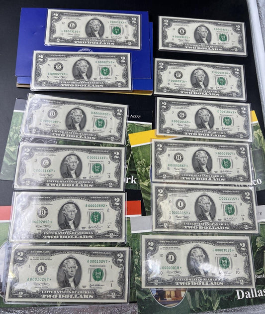 12 Note District Complete Set 2003 * $2 FRN Star Federal Reserve Notes CU UNC