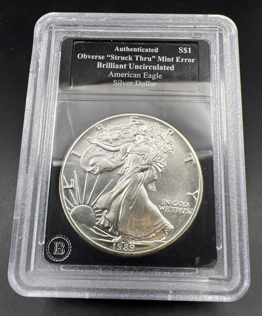 1989 1 Oz ASE American Silver Eagle Coin Obverse Struck Thru Error