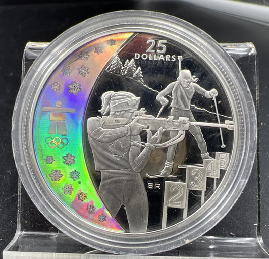 2007 2010 Vancouver Olympics Silver $25 Holographic Biathlon Proof Coin