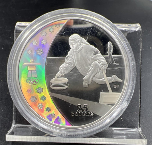 2007 2010 Vancouver Olympics Silver $25 Holographic Curling Proof Coin
