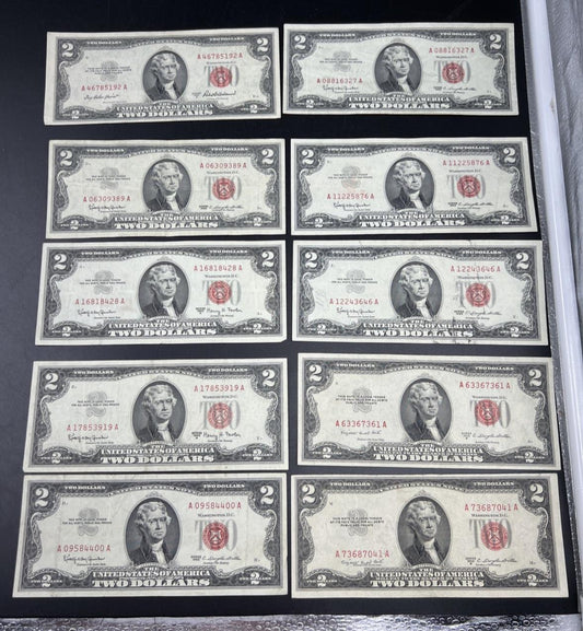 Lot of 10 1963 1953 $2 USN Legal Tender Red Seal Notes VF Very Fine #400