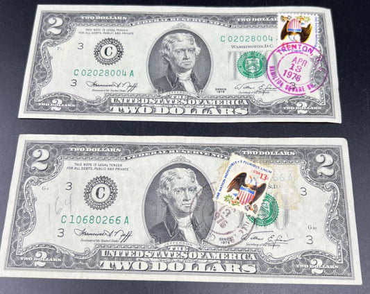 2 Note Lot Double Stamped Trenton NJ $2 CU & Circ 1976 Bicentennial $2 FRN