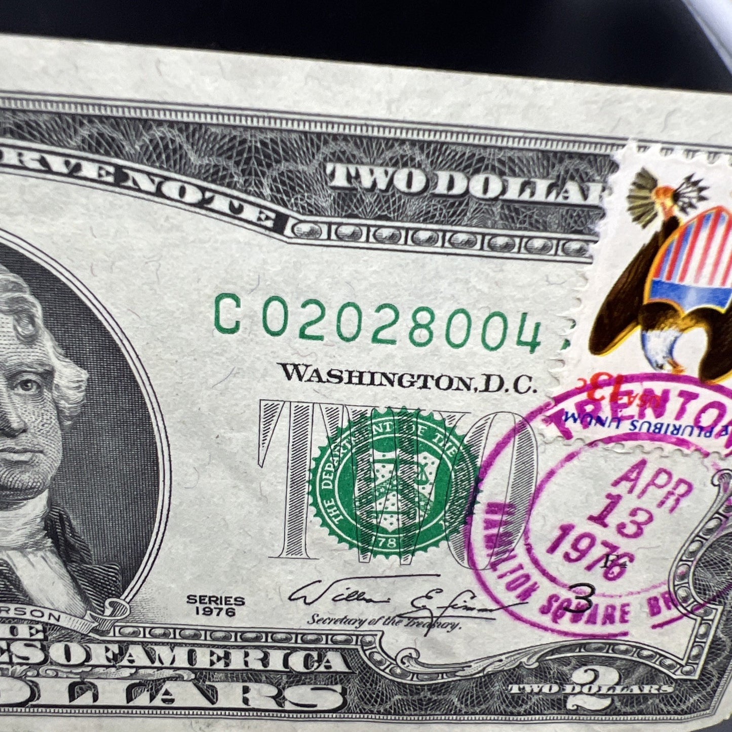 2 Note Lot Double Stamped Trenton NJ $2 CU & Circ 1976 Bicentennial $2 FRN