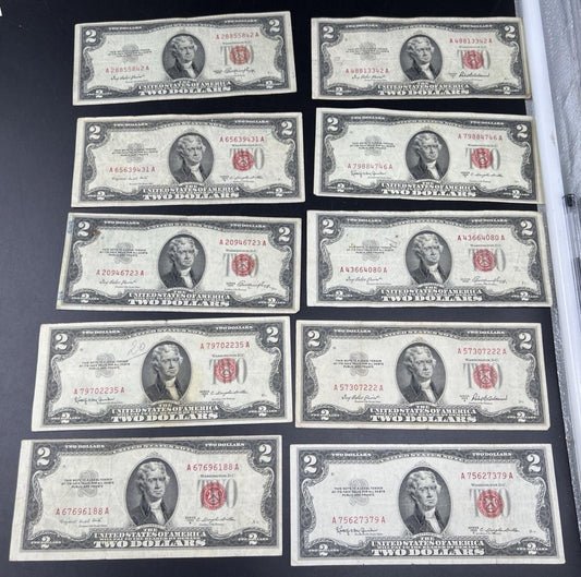 Lot of 10 1953 $2 USN Legal Tender Red Seal Notes VG circ #188