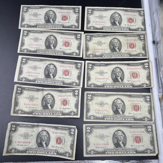Lot of 10 1953 $2 USN Legal Tender Red Seal Notes VG Very Good Circ #855