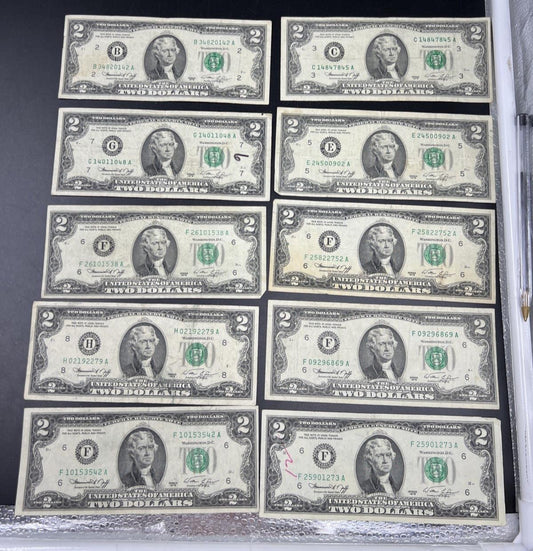 Lot of 10 1976 $2 FRN Federal Reserve Dollars Bicentennial Note Circulated #542
