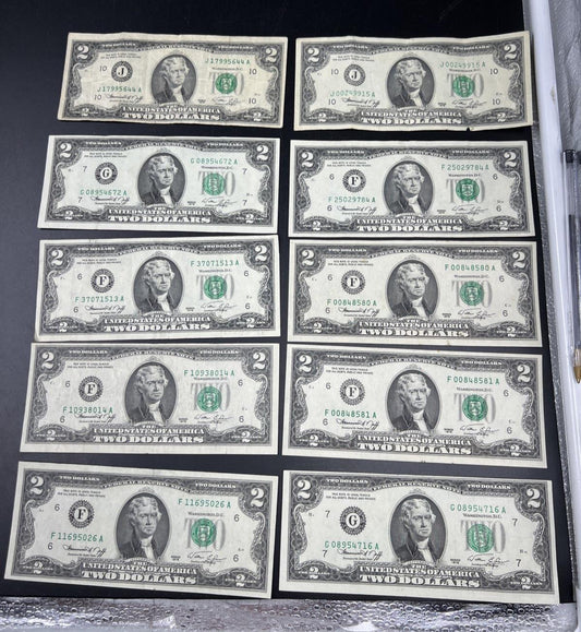Lot of 10 1976 $2 FRN Federal Reserve Dollars Bicentennial Note Circulated #026