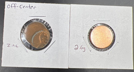 2 Coin Error Set Off Center & Blank Planchet Lincoln Memorial Cents