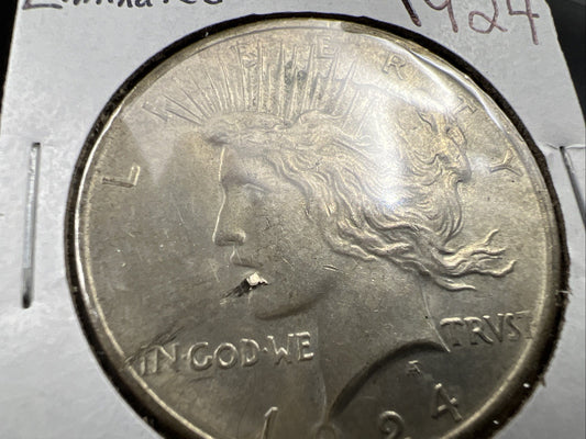 1924 $1 Peace Silver Dollar Coin Laminated Planchet Error AU About UNC