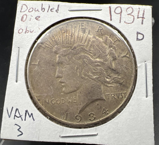 1934 D $1 Peace Silver Dollar Coin Vam 3 Variety Double Die Obverse XF EF Top 50