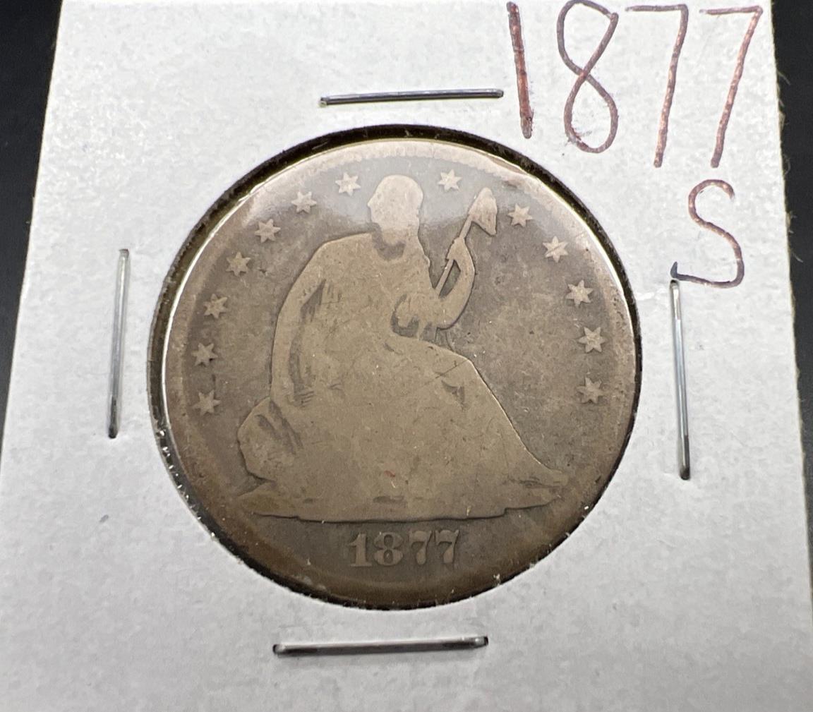 1877 S 50c Seated Liberty Silver Half Dollar Coin AG About Good Full Date