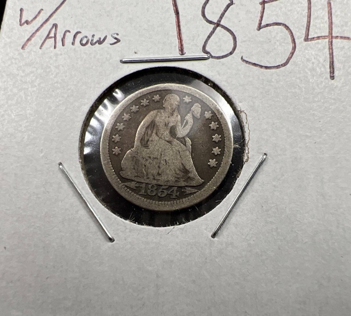 1854 P With Arrows 10c Liberty Seated Silver Time Coin VG Very Good Circulated