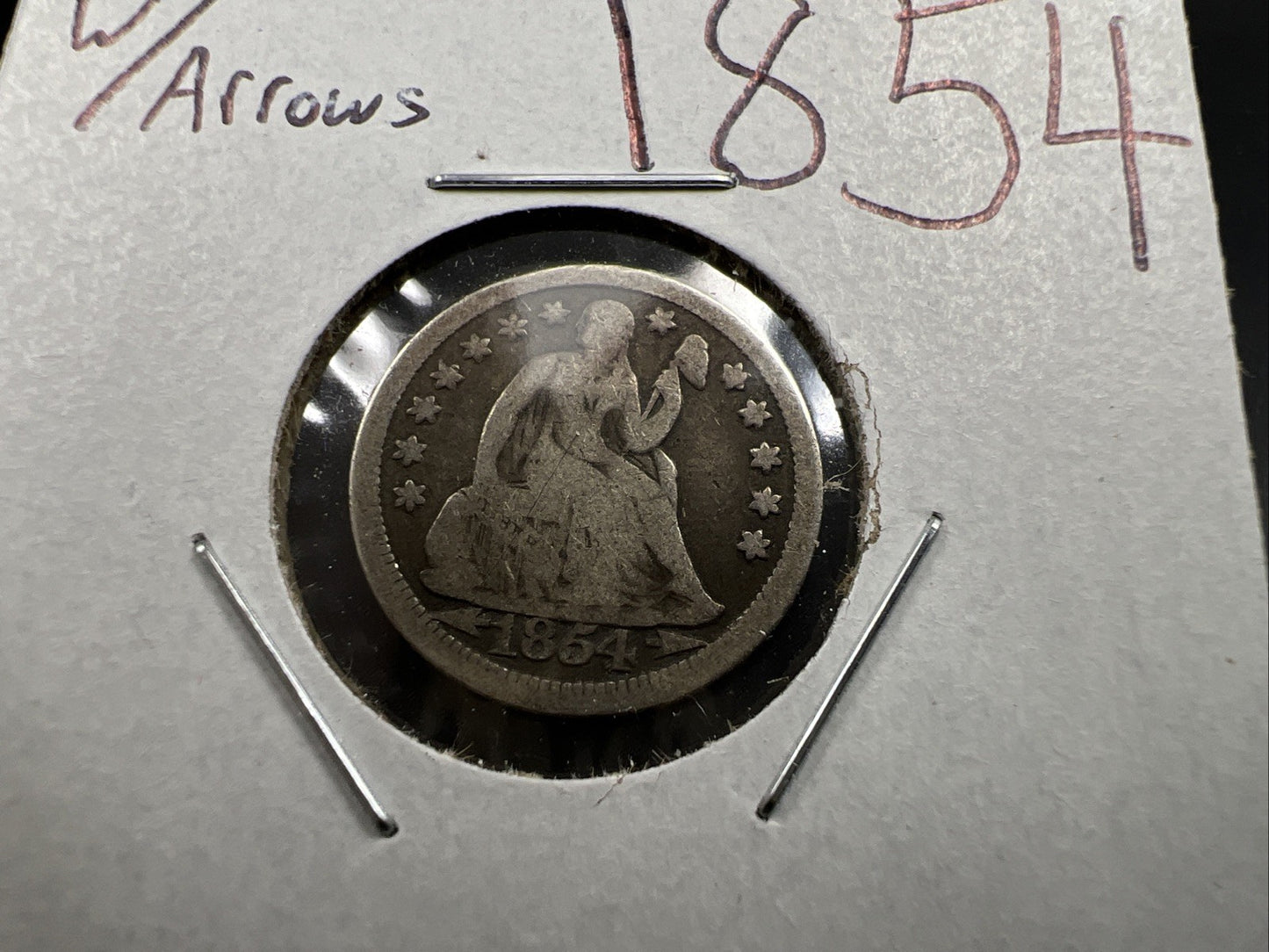 1854 P With Arrows 10c Liberty Seated Silver Time Coin VG Very Good Circulated