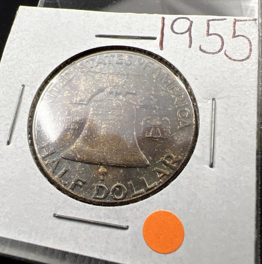 1955 P Franklin Half Dollar Silver Coin BU UNC Nice Toning Toner SKU#J