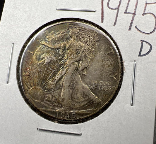 1945 d 50C Walking Liberty Silver Half Dollar Coin VF Nice Original Toning