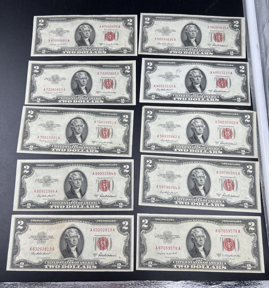 Lot of 10 1953 $2 USN Legal Tender Red Seal Notes VF + Very Fine #813
