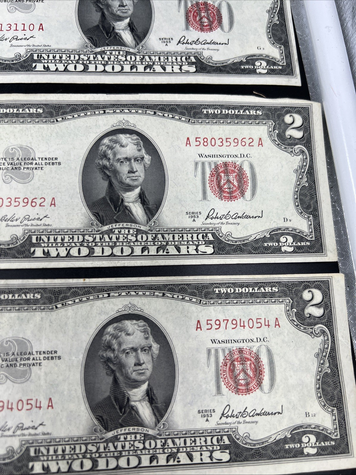 Lot of 10 1953 $2 USN Legal Tender Red Seal Notes VF + Very Fine #813