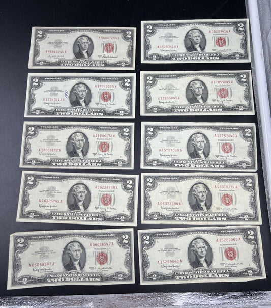 Lot of 10 1963 1953 $2 USN Legal Tender Red Seal Notes VF Very Fine #547