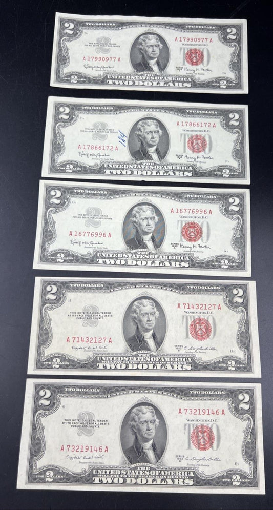 Lot of 5 1963 1953 $2 USN Legal Tender Red Seal Notes XF / AU Conditions #146