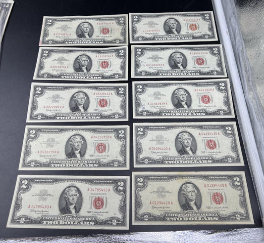 Lot of 10 1963 $2 USN Legal Tender Red Seal Notes VF + Very Fine #493