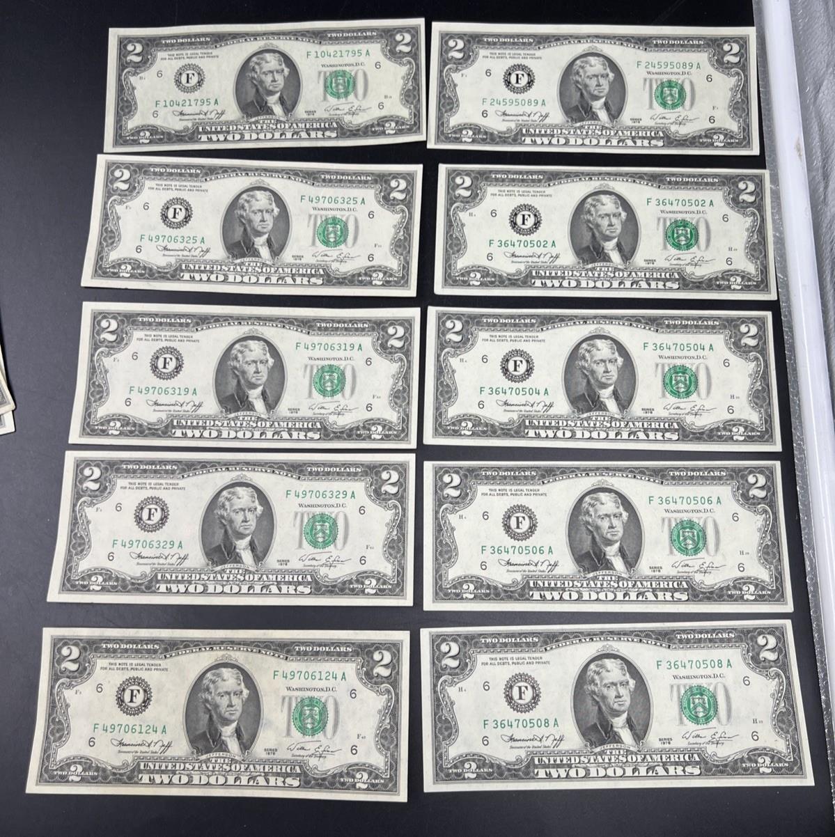 Lot of 10 1976 $2 FRN Federal Reserve Dollars Bicentennial Note XF / AU #124