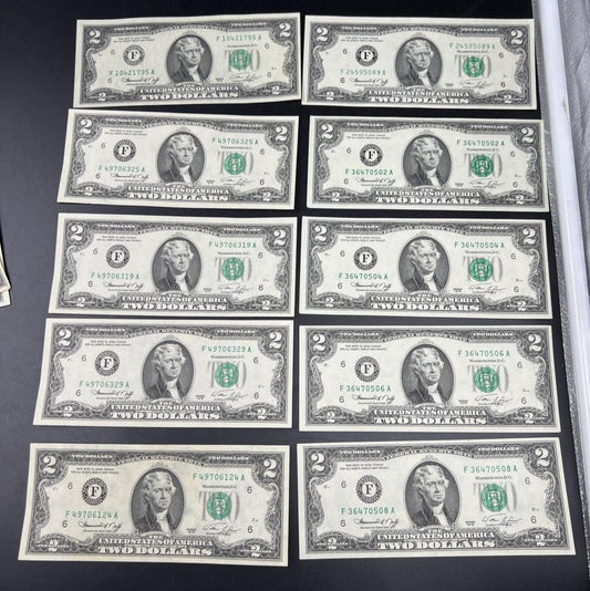 Lot of 10 1976 $2 FRN Federal Reserve Dollars Bicentennial Note XF / AU #124