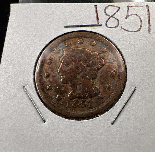 1851 1c Braided Hair Liberty Large Cent Coin VG Very Good / Fine Details Polishe